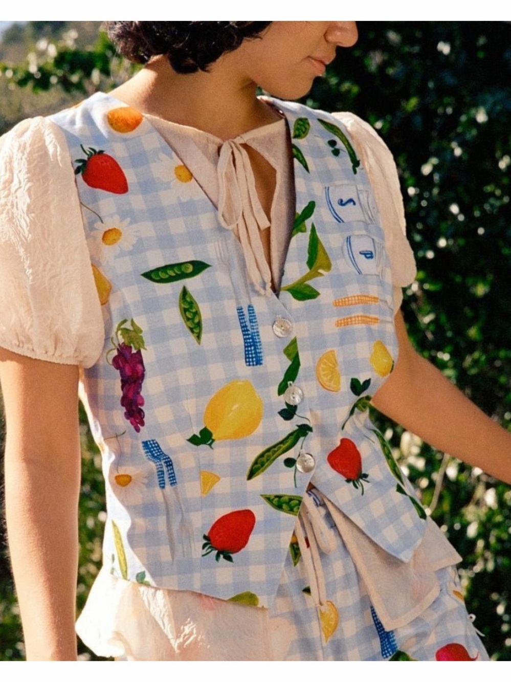 LISA SAYS GAH Picnic Alfresco Vest Blue Gingham Novelty Print Fruit Veggie 2XL